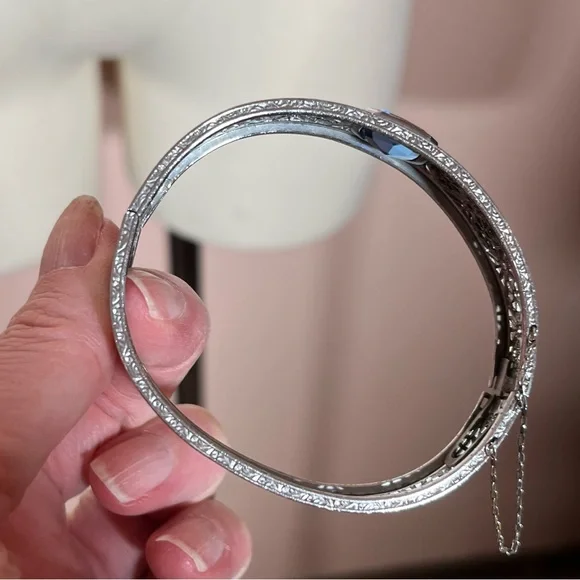 Vintage antique Victorian Art deco Silver Filagree Rose Enamel Blue Bracelet - Picture 9 of 17